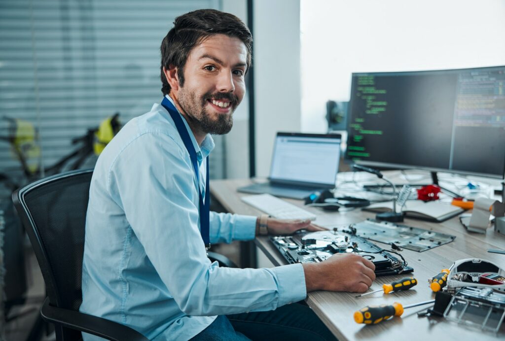Information technology portrait, motherboard circuit and man repair computer hardware, electronics