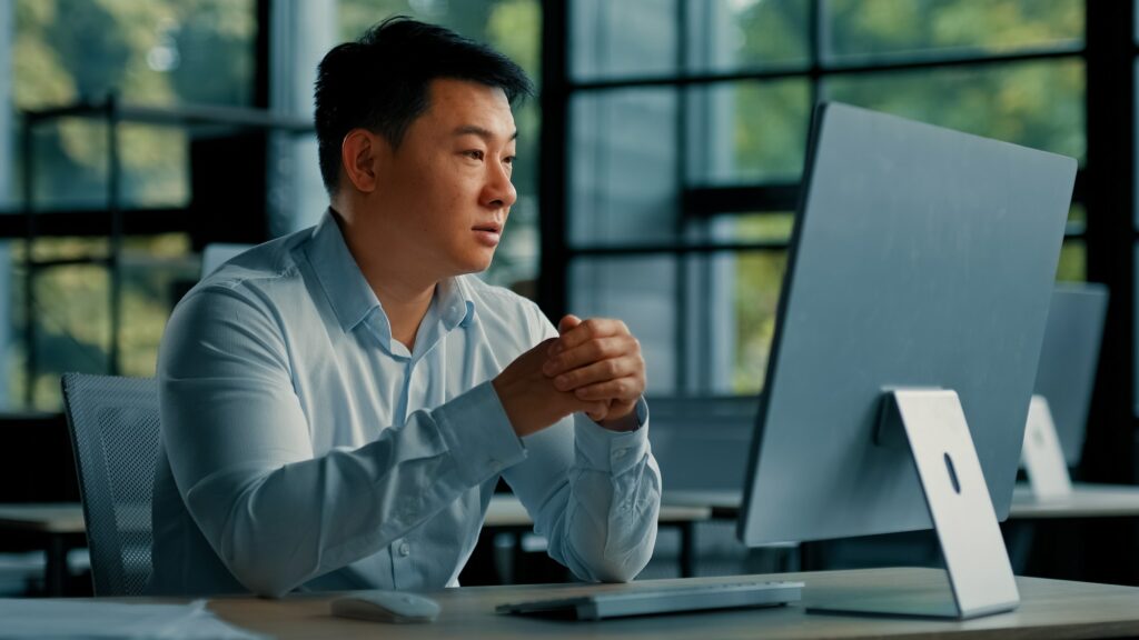 Asian man business consultant office worker recruiter communicating distant with client conference